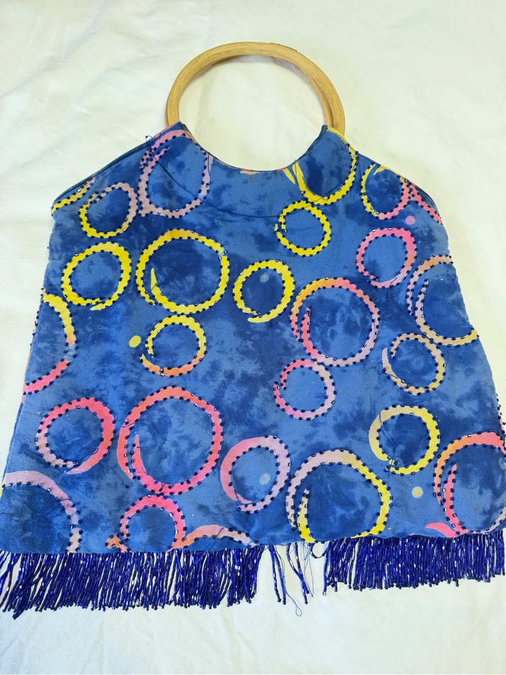 Vintage Disney World 90s Y2K Beaded Fringe Bag Abstract Wood Handle collectible